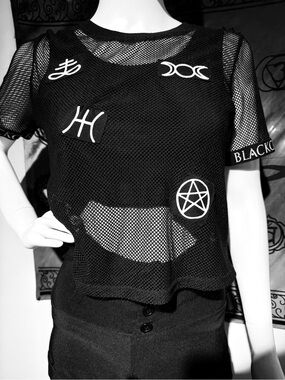 Black Mesh Patch Cropped Tee - Gothic Symbol Accents